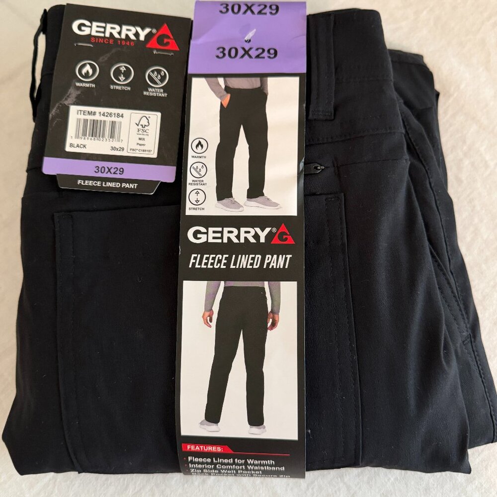 Gerry Men's Fleece Lined Pant Size 30X29 Black Stretch Fabric Water Repellent